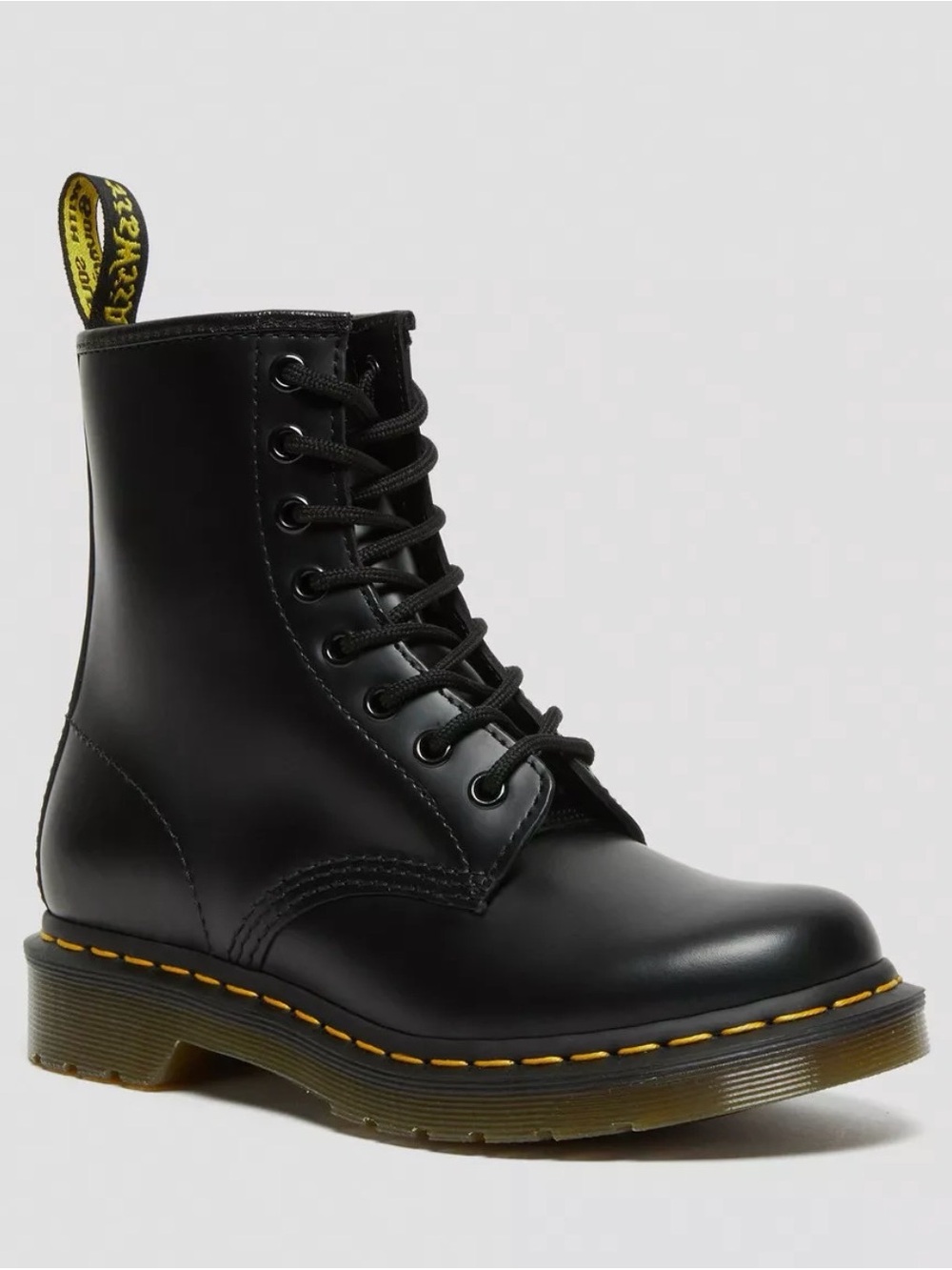 Dr. Martens Black 8-Eye Leather Combat Boot with Yellow Stitching